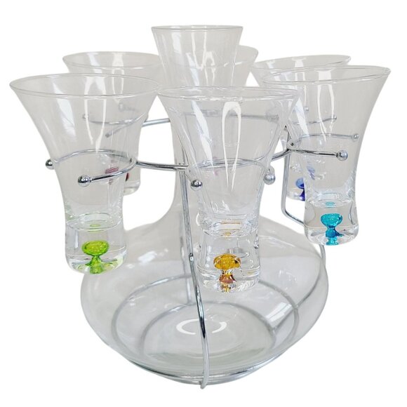 Torre & Tagus Glass Decanter Shot Glass Set of 6 Colorful Markers Metal Carrier - Picture 2 of 11